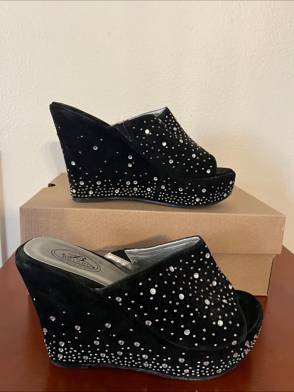 Bolaro Black Jewel Encrusted Wedge Mules Size 8